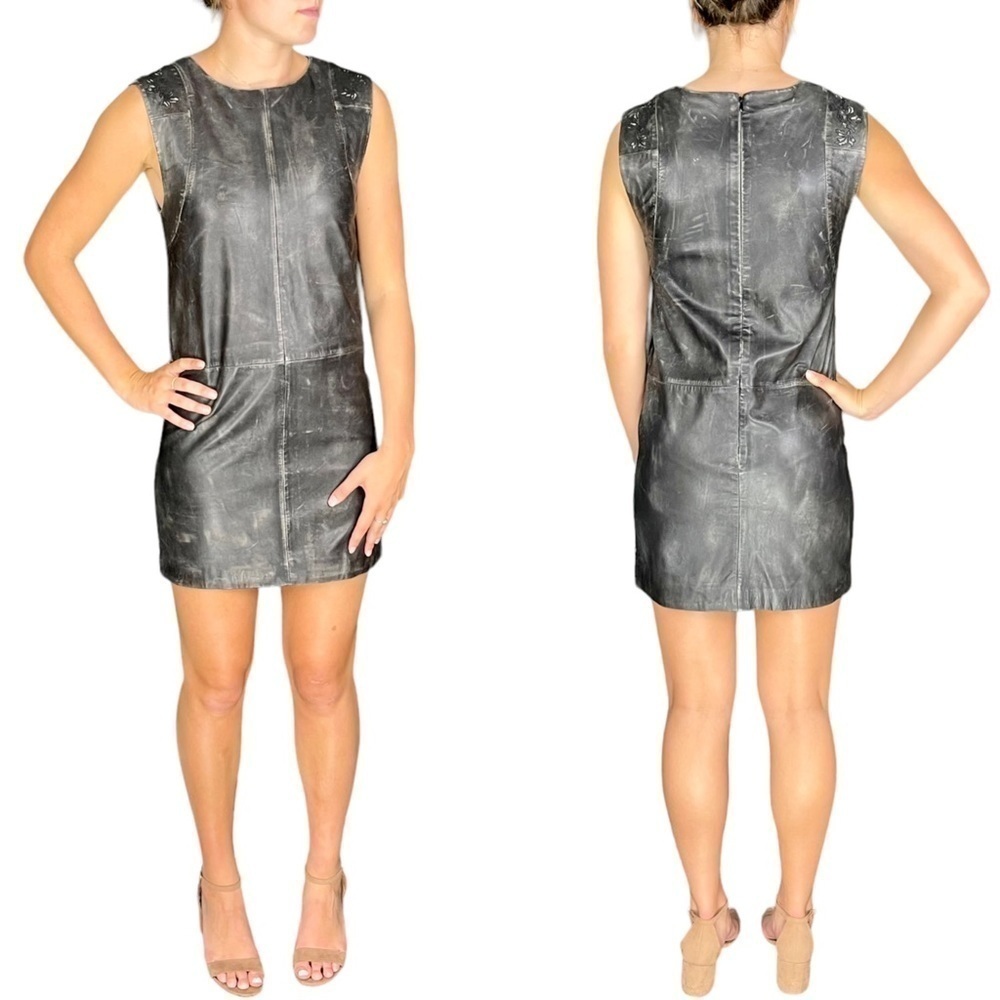 HUGO BOSS DISTRESSED LEATHER SLEEVELESS EMBROIDERED FITTED SHEATH MINI DRESS